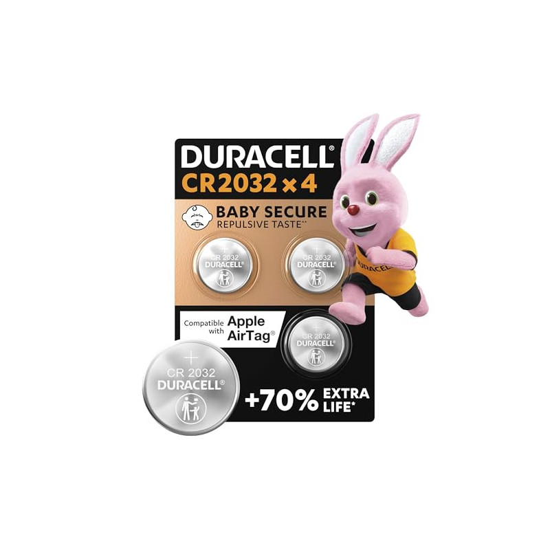 DURACELL CR2032 Piles Boutons au lithium 3V (lot de 4) - Jusqu’à +70 % de longévité - Technologie Sécurité Enfant - Recommandées