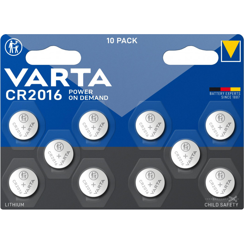 VARTA Piles Bouton CR2016, lot de 10, Power on Demand, Lithium, 3V, emballage sécurisé pour les enfants, pour appareils Smart Ho