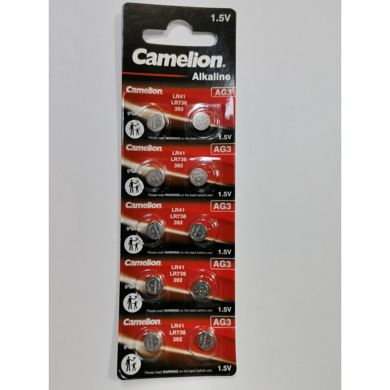 10 Camelion AG3 / LR41 / 392 – long-life button cell batteries (expiry date indicated).