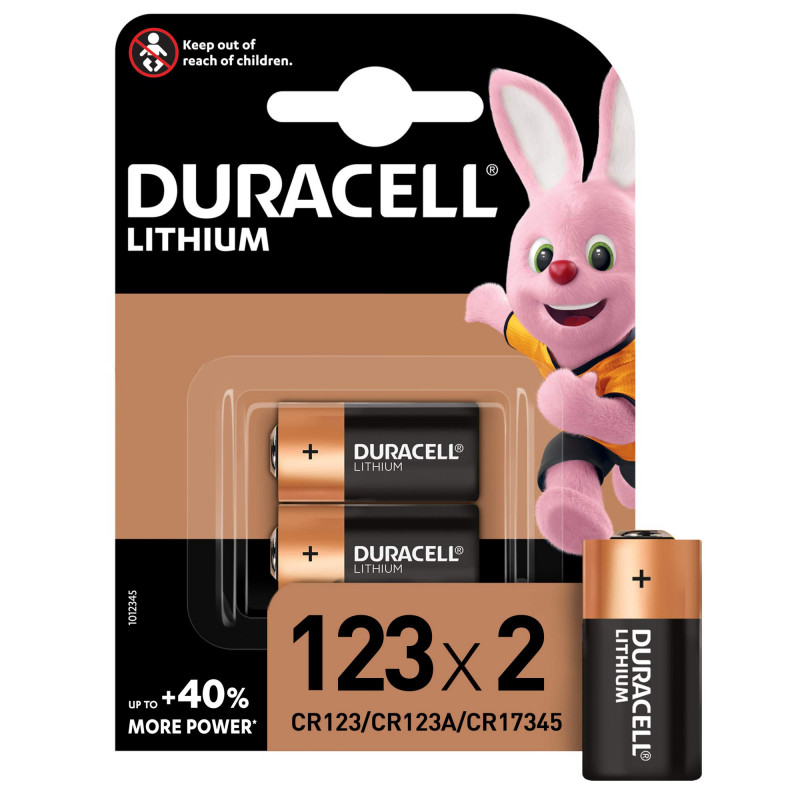 Duracell 123 Pile lithium haute puissance 3V, lot de 2 (CR123 / CR123A / CR17345), pour caméras Arlo, capteurs, verrous sans clé