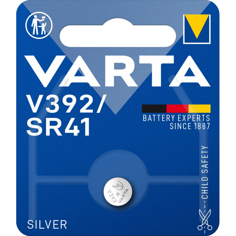 VARTA Piles Bouton V392/SR41 oxyde d'argent, lot de 1, Silver Coin, 1,55V, emballage sécurisé pour les enfants, pour montres, cl