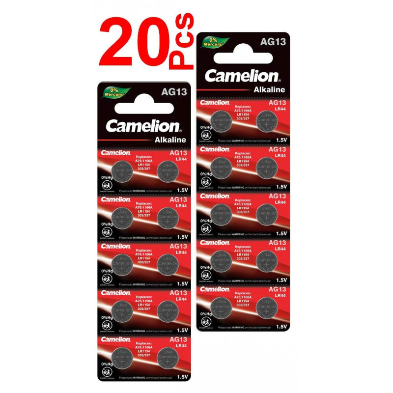 LOT en Paquet 20 Piles Bouton alcaline AG13 LR44/LR1154/1166A/A76/357/303, Montres, calculatrices, caméras, pointeurs sans Mercu