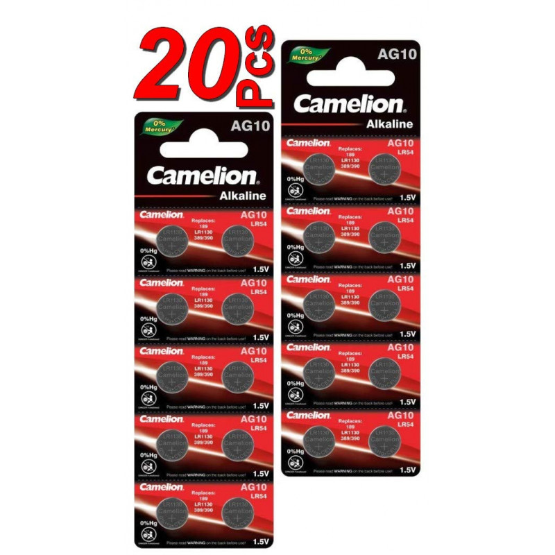 LOT en Paquet 20 Piles Bouton alcaline LR1130 AG10 Liseuses, Montres, calculatrices, caméras, pointeurs sans Mercure