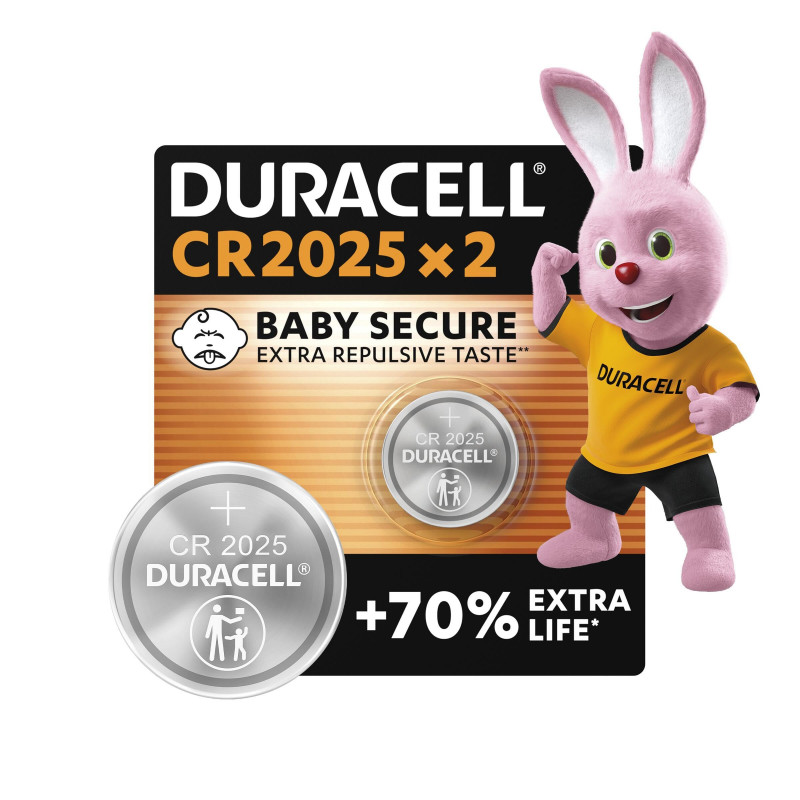 DURACELL 2025 Piles Boutons au lithium 3V (lot de 2) jusqu’à +70 % de longévité - Technologie Sécurité Enfant - Pour clés électr