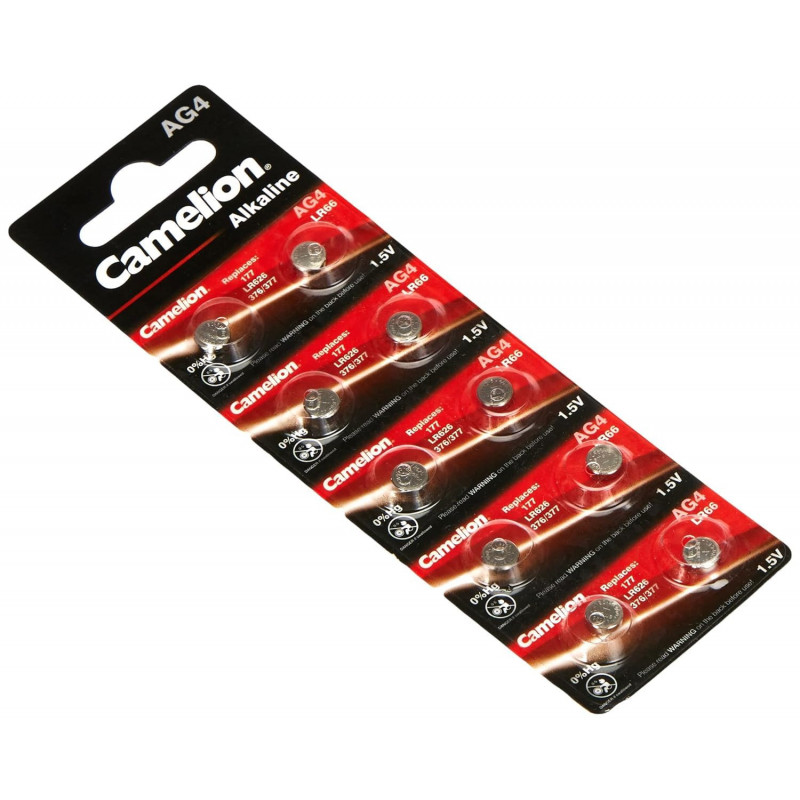 Camelion 12051004 Pile Bouton alcaline (AG 4/LR66/LR626/377, 1,5 V, 10 sous Blister) Silber/10 Unité (Lot de 1)