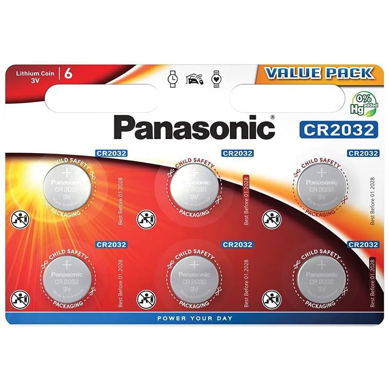 Panasonic CR2032 Lot de 6 piles bouton Lithium 3V