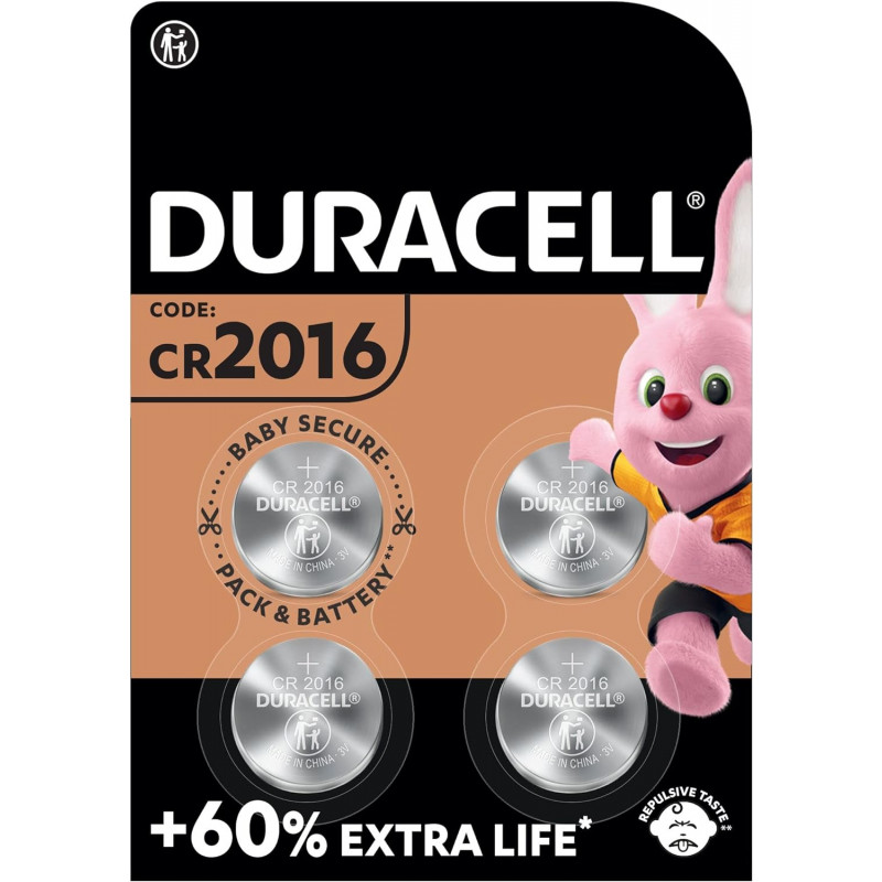 Piles boutons au lithium Duracell spéciales 2016 3V, lot de 4 (DL2016/CR2016)